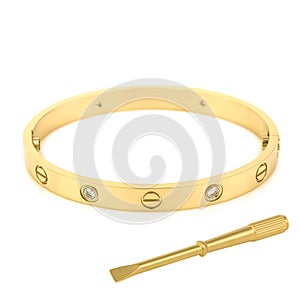 Fashion golden bracelet with screwdriver isolated on white