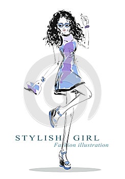 Fashion graphic dancing disco girl. Sketch girl.