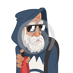 Fashion Gray Haired Senior Man, Old Man Character Wearing Hoodie and Sunglasses Vector Illustration