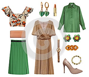 Fashion green brown women`s clothing isolated. Girl`s outfit. Trendy female clothes and accessories