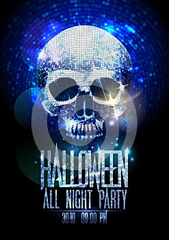 Fashion halloween party poster with silver sparkles skull, shiny headline