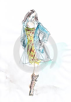 Fashion - hand drawn beautiful woman in summer dress and blue coat. photo