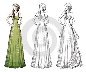 Fashion hand drawn illustration. Long dress.