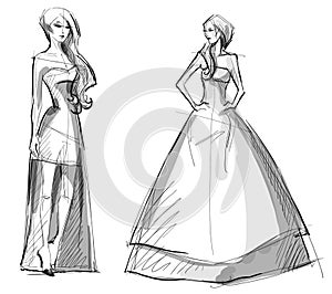 Fashion hand drawn illustration. Long dress.