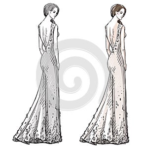 Fashion hand drawn illustration. Long dress.