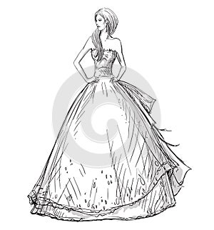 Fashion hand drawn illustration. Long dress. Bride