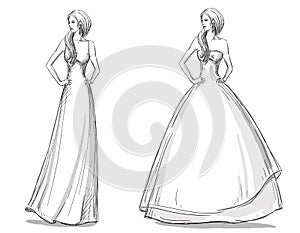 Fashion hand drawn illustration. Long dress. Bride