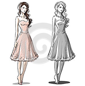 Fashion hand drawn illustration. Prom dress.