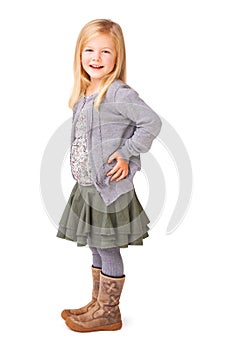 Fashion, happy and portrait of child in studio with stylish, cool and trendy outfit for kids. Smile, cute and full body