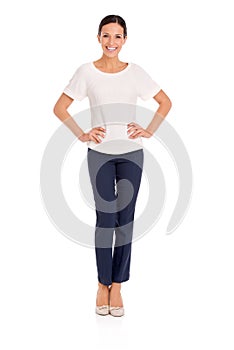 Fashion, happy and portrait of professional woman on white background for career, job and work. Company, business style