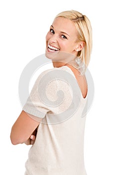 Fashion, happy woman and portrait with arms crossed in studio for confidence or positive attitude on white background