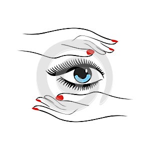 Fashion or health care concept. Female hands with red manicure protect women eye with long lashes. Vector illustration