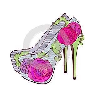 Fashion high - heel shoes with roses