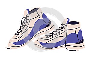 Fashion high top sneakers. Basketball boots side view. Modern trainers pair. Running footwear, sport shoes in casual