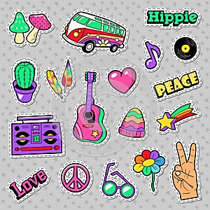 Fashion Hippie Badges, Patches, Stickers with Van Mushroom Guitar and Feather