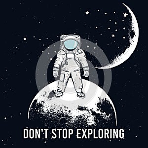 Fashion hipster vector illustration with spaceman and moon, explore