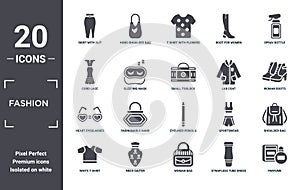 fashion icon set. include creative elements as skirt with slit and belt, spray bottle, lab coat, eyeliner pencils, neck gaiter,
