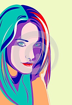 Fashion illustration. Beautiful female face, vector. Young stylish woman with perfect hair. Charming teen girl portrait. Design