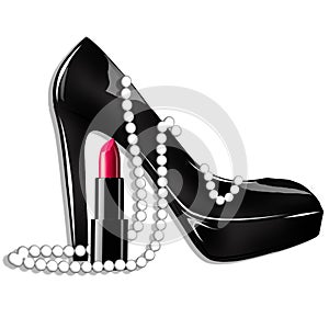 Fashion Illustration - Black heels , pearls and lipstick