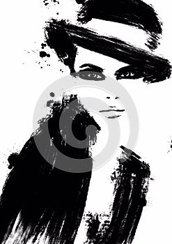 Fashion illustration black and white. Fashion sketch. Abstract painting Woman. Fashion background. Girl with hat. Smokey eye face.