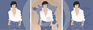 Fashion illustration. Brunette girl in a stylish white shirt and trousers