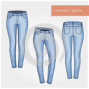 Fashion illustration. Classic women jeans light blue vector no texture back front