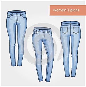 Fashion illustration. Classic women jeans light blue vector no texture back front photo