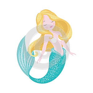 Fashion illustration drawing in modern style. Beautiful mermaid blonde for t shirts and fabrics or kids fashion artworks, children photo