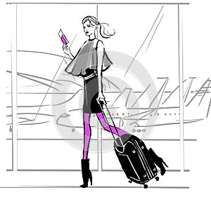 Fashion illustration of a girl in the airport