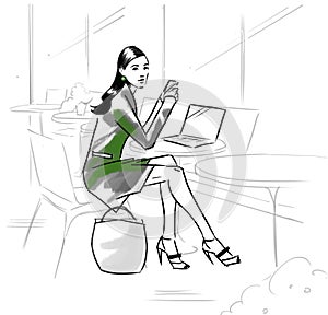 Fashion illustration of a girl in a cafe