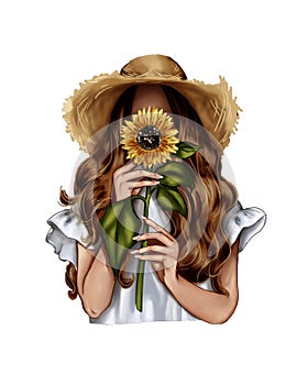 Fashion Illustration - Girl holding a sunflower - woman Portrait