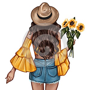 Fashion Illustration - Girl holding a sunflower - woman Portrait