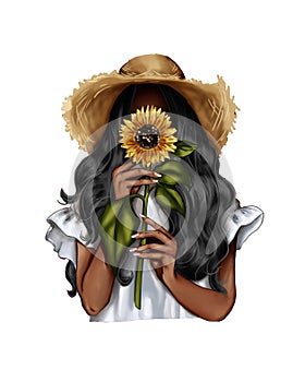 Fashion Illustration - Girl holding a sunflower - woman Portrait