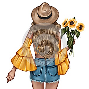 Fashion Illustration - Girl holding a sunflower - woman Portrait