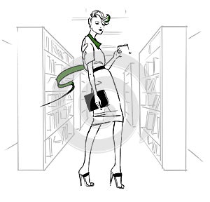 Fashion illustration of a girl in a library