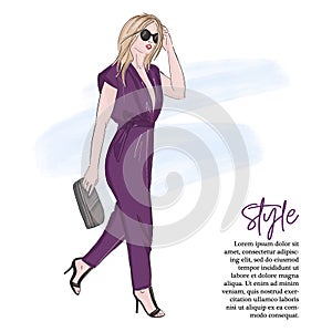 Fashion illustration: girl in playsuit on high heels. Stylish weekend look. Business woman character illustration. Model photo