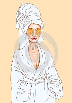 Fashion illustration hand drawn illustration of a woman in a spa bathrobe with a orange mask