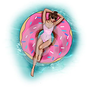 Fashion Illustration - Hand drawn raster image - Girl on donut pool float photo