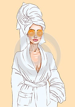 Fashion illustration hand drawn illustration of a woman in a spa bathrobe with a orange mask photo
