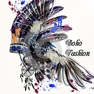 Fashion illustration with Indian head dress and ink spots boho