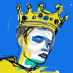 Fashion Illustration: King Head Drawing On Blue Background
