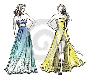 Fashion illustration. Long dress. Catwalk. photo