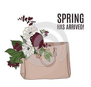 Fashion illustration: luxury bag full of flowers. Beautiful floral composition, spring text. Quote beauty art with