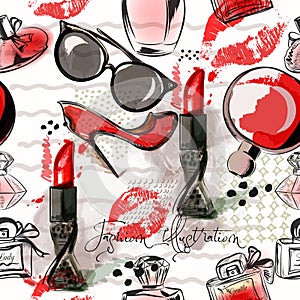 Fashion illustration or pattern with red lipstick, shoes, glass