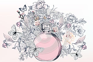 Fashion illustration with perfume bottle,  butterflies and rose flowers photo