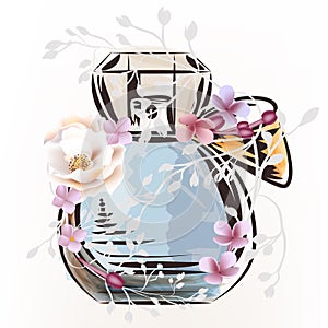 Fashion illustration with perfume bottle and rose flower