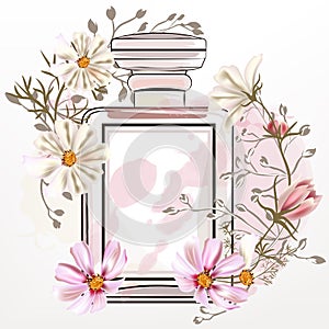 Fashion illustration with pink perfume glass bottle and cosmos f