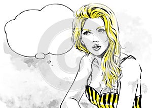 Fashion illustration, portrait of woman looking at side with text balloon