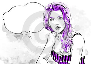 Fashion illustration, portrait of woman looking at side with text balloon