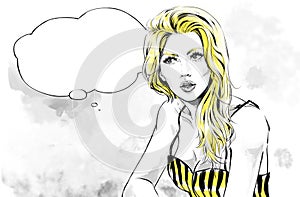 Fashion illustration, portrait of woman looking at side with text balloon